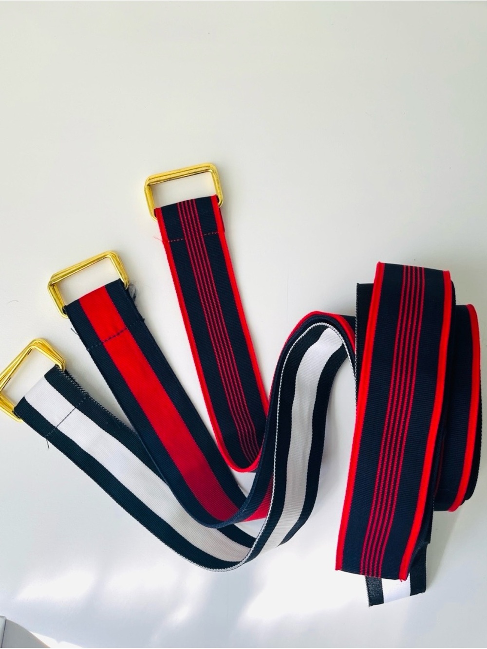 Red, Navy & White Stripe Webbing Fabric Belt with Gold Buckle Lot of 3